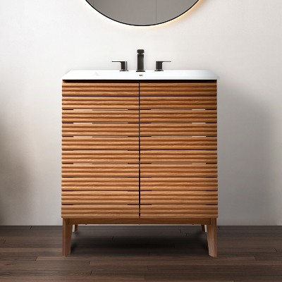 Calandre Walnut 30" Modern Farmhouse Slat Bath Vanity Cabinet