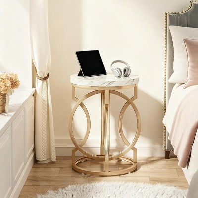 Gulches Spacious Modern Round End Table with Faux Marble Top and Gold O-Shaped Base, Multipurpose Sofa Side Table