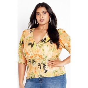Women's Plus Size Ariella Faux Button V Neck Print Top - miami | CITY CHIC - 1 of 4