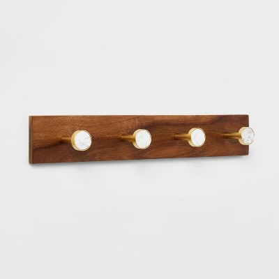 Metal and Faux Marble 4 Gold Hooks Rail on Acacia Wood - Threshold™: Wall Mounted Decorative Coat Rack