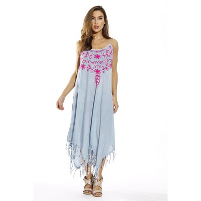 light denim with fuchsia embroidery