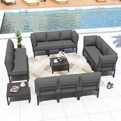 ALAULM Metal Patio Furniture Set Modern Metal Outdoor Conversation Sets w/45in Propane Fire Pit Table, Patio Sectional Sofa w/5 Inch Cushion