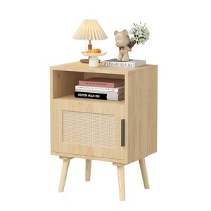 KTMBDW Rattan Nightstand, Side Table with Door Open Shelf, Accent Bedside End Table with Solid Wood Legs for Bedroom, Dorm and Small Spaces, Natural - 1 of 4