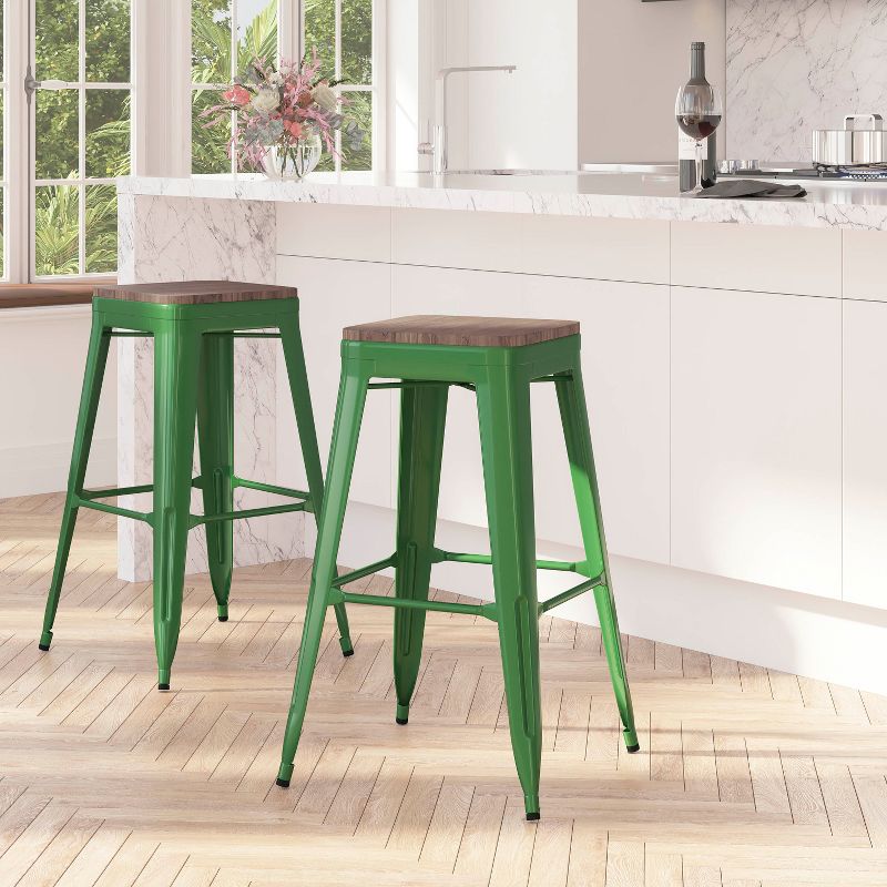 Merrick Lane Backless Metal Dining Stool with Wooden Seat for Indoor Use, 3 of 14