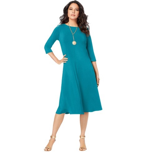 Roaman s Women s Plus Size Petite Ultrasmooth Fabric Boatneck Swing Dress 42 44 Deep Turquoise Target