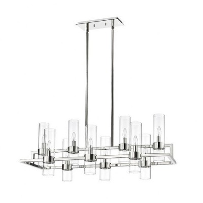 Polished Nickel 10-Light Chandelier with Clear Glass Cylinders