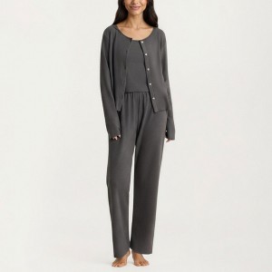 Anna-Kaci Lounge Women's 3-Piece Pajama Set with Ribbed Tank Top Long Sleeve Button Cardigan and Relaxed Fit Pants - 1 of 4