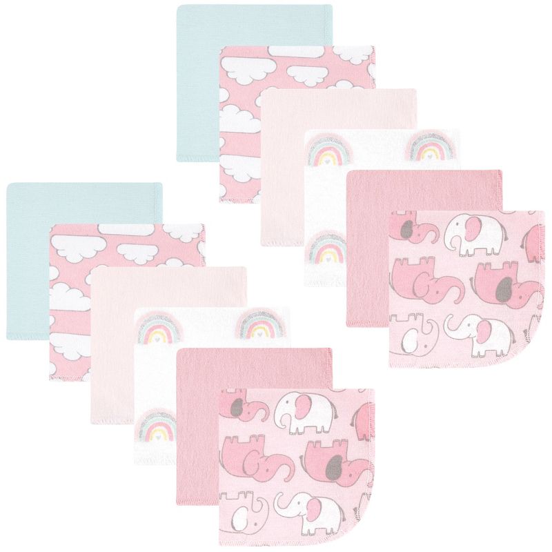 Hudson Baby Infant Girl Flannel Cotton Washcloths, Girl New Elephant 12-Pack, One Size, 1 of 9