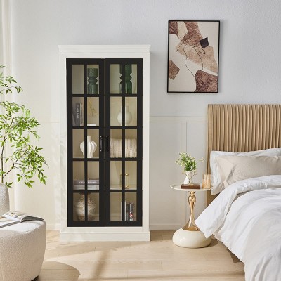 71.2'' Tall Display Cabinet With Adjustable Shelves And Glass Doors, Rustic White China Hutch For Living Room Or Kitchen-Maison Boucle