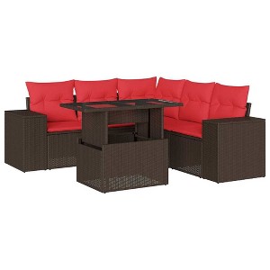 vidaXL 6 Piece Garden Sofa Set with Cushions Poly Rattan - Brown - 1 of 4