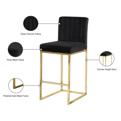 Luxurious 26" Black Velvet Counter Stool with Gold Metal Frame