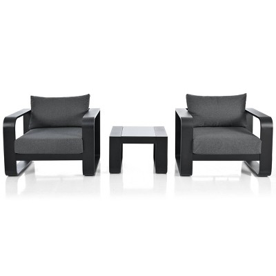 Nestfair 3pc Aluminum Frame Patio Conversation Set with Coffee Table and Cushions Black and Gray