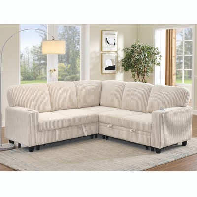 GDFStudio Rafael Modern 81'' 5-Seater Convertible Corduroy Upholstered Storage Sectional Sofa with USB Charging