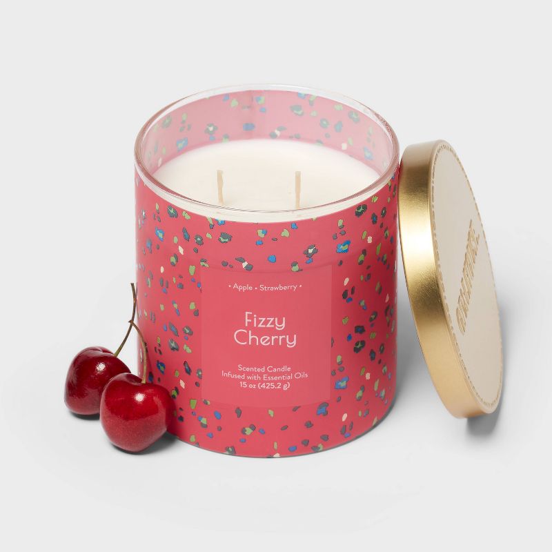 2-Wick Glass Jar 15oz Candle with Patterned Sleeve Fizzy Cherry - Opalhouse&#8482;, 3 of 4