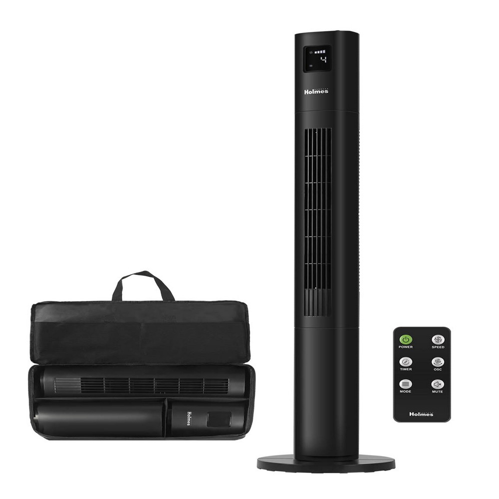 Holmes 45" Stack-N-Connect Digital Oscillating 4 Speed Tower Fan with Storage Bag Clear Read Display and Remote Control Black