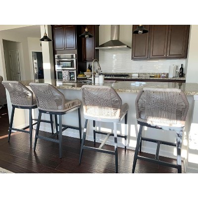 PURPLE LEAF Outdoor Counter Stools and Chairs (Set of 4) Rattan Barstools with Backrest and Footrest for Garden Pool, Includes Cushions