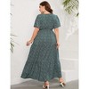 Women Plus Size Maxi Dress V Neck Summer Dress Short Sleeve Long Dress High Waist Ruffle Casual Dress with Belt, Dark Green White Leaves, 4XL - 4 of 4