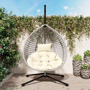Outdoor Rattan Hammock Swing Chair with Cushion,Wicker Hanging Egg Chair with Stand,Indoor Swing Chair for Balcony Bedroom Garden-Coolbibila - 1 of 4