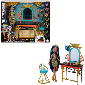 Monster High Doll, Playset and Accessories, Cleo De Nile Self-Scare Day, Vanity Furniture with Storage, Hair and Jewelry Accessories - 1 of 4