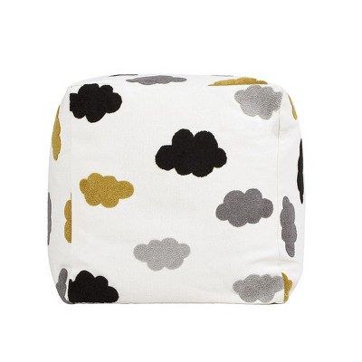 Cumulus Cream White Embroidered Pouf with Micro Bead Filling