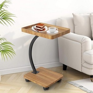 Wooden 360° Rotating TV Tray Table for Small Spaces, Living Room Side Table, Bedroom Side Table, C-Shaped Sofa Table with Wheels, Sliding Design - 1 of 4