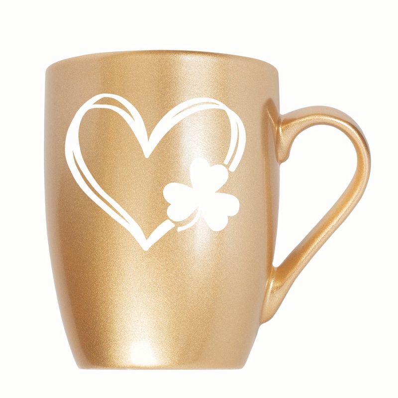 Elanze Designs Heart Outline With Three Leaf Clover 10 ounce New Bone China Coffee Tea Cup Mug For Your Favorite Morning Brew, Vegas Gold, 1 of 2