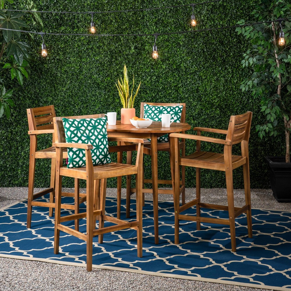 Stamford 5pc Acacia Wood Rustic Bar Set Teak Finish - Christopher Knight Home: Weather-Resistant, 4 Barstools
