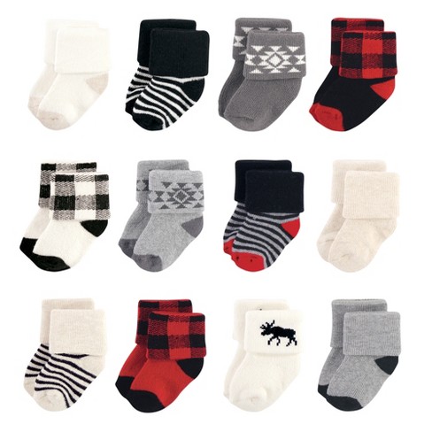 Hudson Baby Infant Boy Cotton Rich Newborn and Terry Socks Buffalo Plaid Moose 0 6 Months