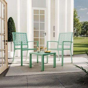 3 Piece Iron Bistro Set, Outdoor Square Patio Table and Chairs Set of 3, Modern Stackable Conversation Patio Furniture for Balcony, Deck, Backyard, - 1 of 4