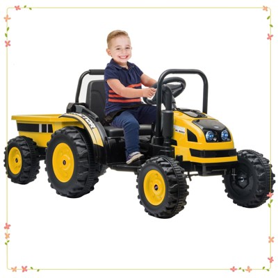 Ride On Car for Kids, Ride On Tractor with Trailer, 12V Battery Powered Electric Tractor with Remote Control, yellow