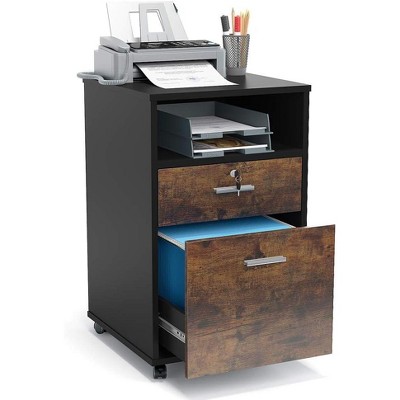 Mobile File Cabinet with Lock, 2 Drawer Wood Filing Cabinet for Letter Size Files, Rolling Printer Stand with Open Shelf for Home Office, Rustic Brown