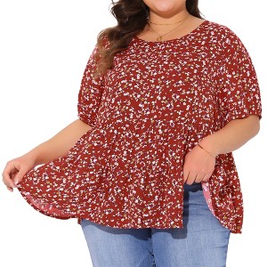 Agnes Orinda Women's Plus Size Short Sleeve Crew Neck Floral Casual Babydoll Blouses - 1 of 4