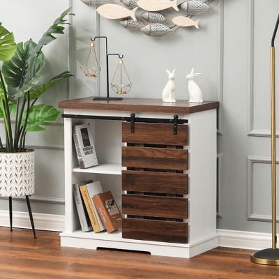 White and Dark Brown Wood Sliding Door Storage Cabinet