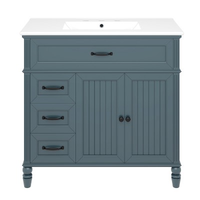 Vynxaria 36 Inch Blue Retro Bathroom Vanity with Ceramic Sink One Complete Set Solid Acacia Frame MDF Panels Two Drawers One Cabinet Freestanding
