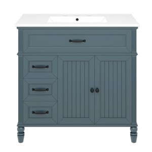 Vynxaria 36 Inch Blue Retro Bathroom Vanity with Ceramic Sink One Complete Set Solid Acacia Frame MDF Panels Two Drawers One Cabinet Freestanding - 1 of 4