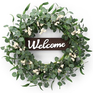 20" Eucalyptus Wreaths for Front Door, Spring Wreath Green Eucalyptus Wreath with Wood Welcome Sign - 1 of 4