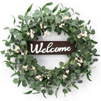 20" Eucalyptus Wreaths for Front Door, Spring Wreath Green Eucalyptus Wreath with Wood Welcome Sign