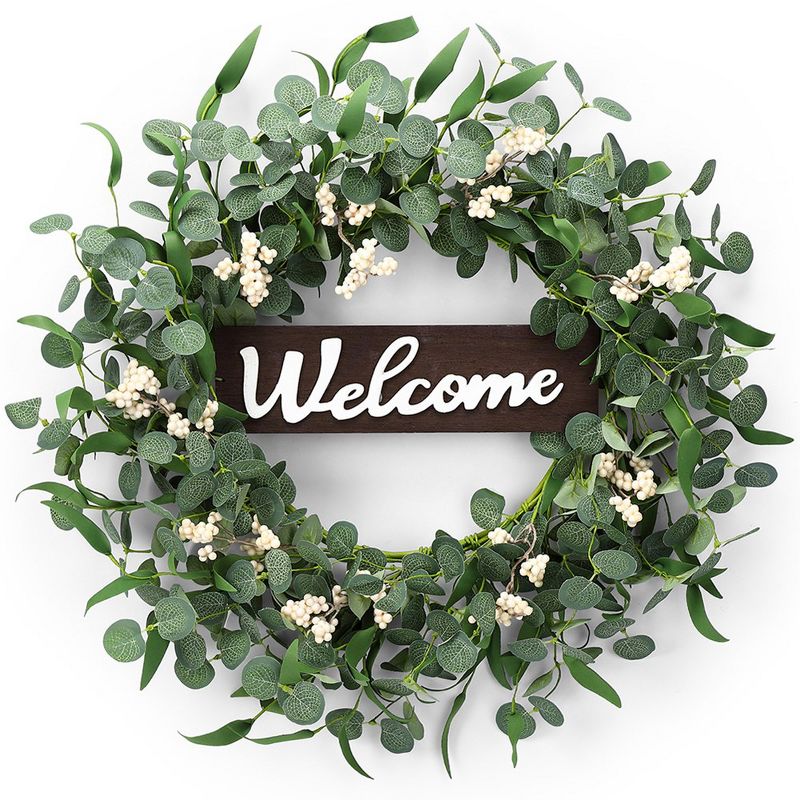 20" Eucalyptus Wreaths for Front Door, Spring Wreath Green Eucalyptus Wreath with Wood Welcome Sign, 1 of 8