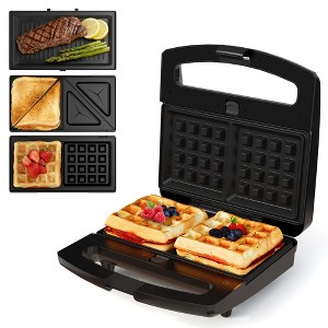 Heynemo 3 in 1 Sandwich Maker, Electric Waffle Maker with Removable Non-stick Plates, 800W Panini Press Grill with Glass Top, Cool Touch Handle,Black - 1 of 4