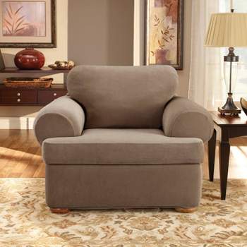 3pc Stretch Pique T Cushion Chair Slipcovers Taupe - Sure Fit