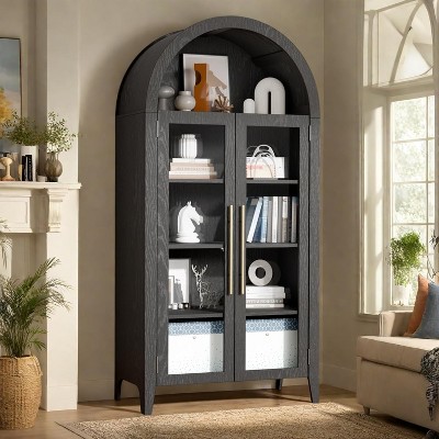 Arched Display Cabinet, 5-Tier Arched Bookcase with Glass Doors & Adjustable Shelves for Living Room, Dining Room & Kitchen