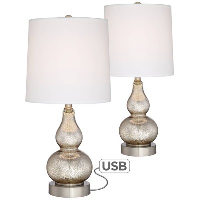 360 Lighting Modern Accent Table Lamps Set of 2 with USB Charging Port Mercury Glass White Drum Shade for Living Room Bedroom