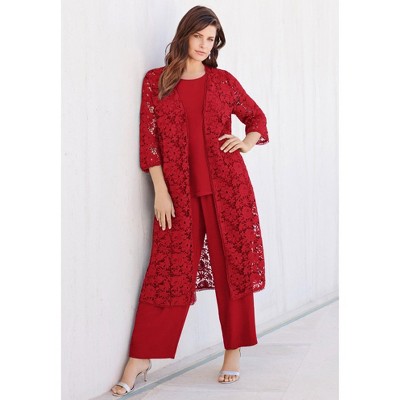 Roaman's Petite Plus Size Lace Duster & Pant Set – 2-Piece Dressy Outfit With Feminine Detail