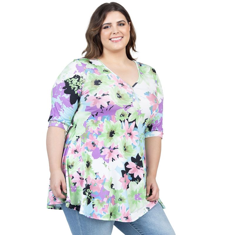 24seven Comfort Apparel Womens Pastel Color Floral Plus Size Elbow Sleeve V Neck Henley Tunic Top, 2 of 7