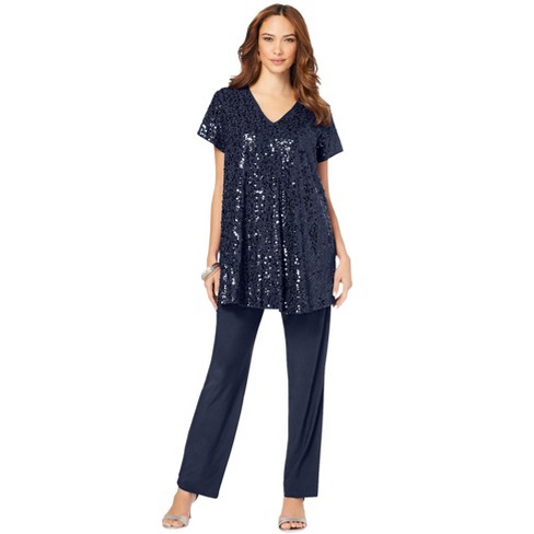 Roaman's Women's Plus Size Petite Three-Piece Lace Duster & Pant Suit 