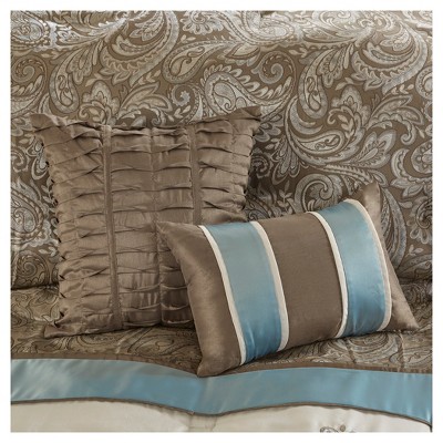 King Brown and Blue Jacquard 7 Piece Comforter Set