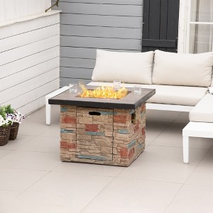 Racxily 32 Inch Outdoor Propane Gas Fire Pit Table, Square Faux Ledge Stone Gas Firepit with Lava Rocks and Rain Cover, Brown - 1 of 4