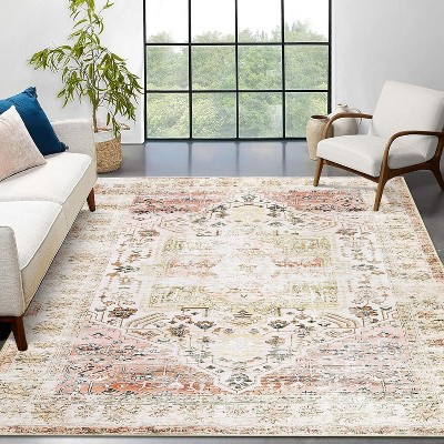 Runner Rug Kitchen Hallway Entryway – Vintage Floral Oriental Design Non-Slip Stain Resistant Low Pile Floor Covering