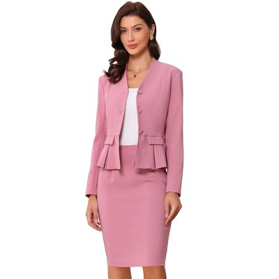 INSPIRE CHIC Women's Long Sleeve Collarless Peplum Blazer and Pencil Skirts Suit Set 2 Pcs