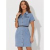 Allegra K Women's Collar Roll Up Short Sleeve Belted Button-Up Denim Shirt Dresses - 2 of 4